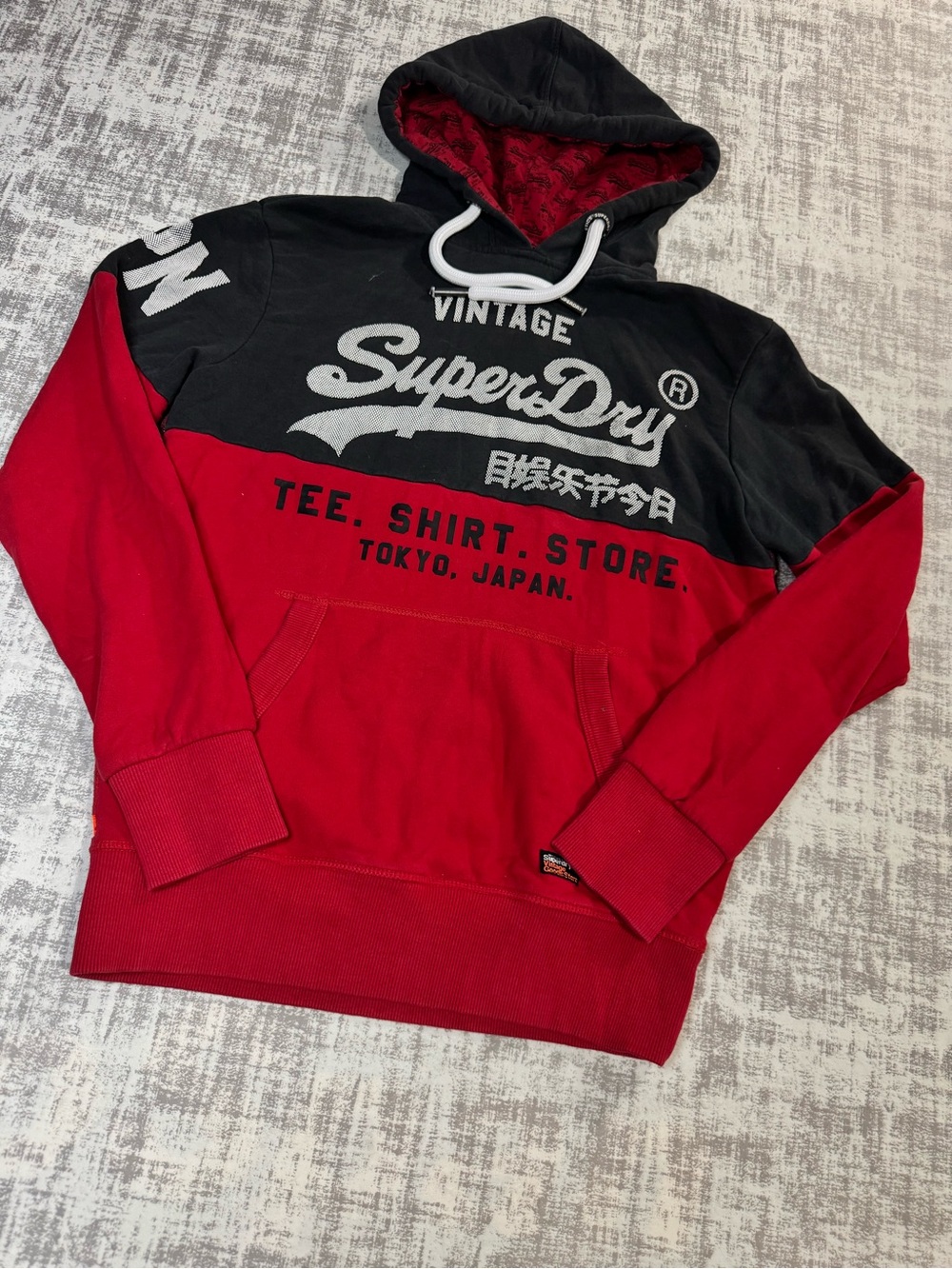 Superdry Black & Red Vintage Logo Pullover Hoodie SIZE M mens PTP 25X19.5